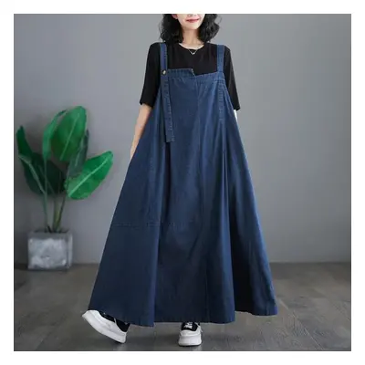 (dark blue, XL) Suspenders Denim Dress Women Spring And Summer Plus Size Women Loose Fashion Bac