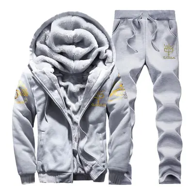 (grey, XXXXL) Men Winter Outfits Fleece Coat+sweatpants Warm Hooded Jacket Fashion Sport Tracksu