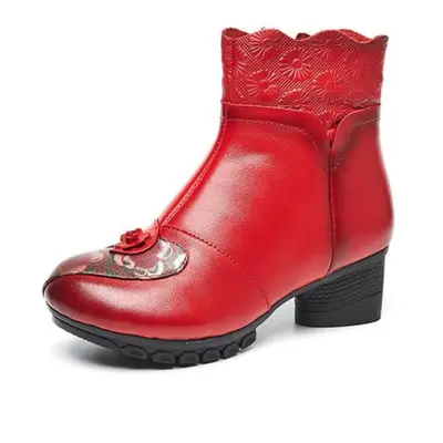 (red, 34) Johnature Autumn Winter Genuine Leather Shoes Women Boots Round Toe Print Sewing Zip R