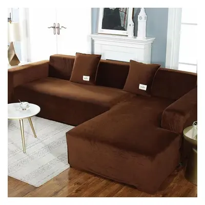 (coffee, seat(235-300cm)) Plush Sofa Cover Velvet Elastic Leather Corner Sectional For Living Ro