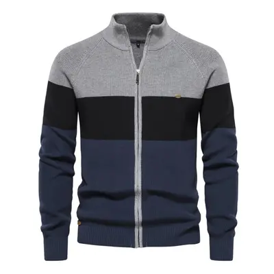 (grey, 55-65 kg) New Autumn And Winter Patchwork Color Sweater For Men Zipper Cardigans For Men 