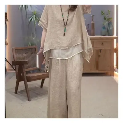 (khaki, XXL) Women Vintage Wide Leg Trousers Suits Casual Patchwork Blouse Pants Sets 2pcs Loose