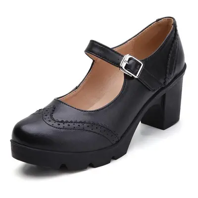 (black, 41) Women Mary Jane Pumps Genuine Leather Sheepskin High Heels Elegant Retro Square Roun