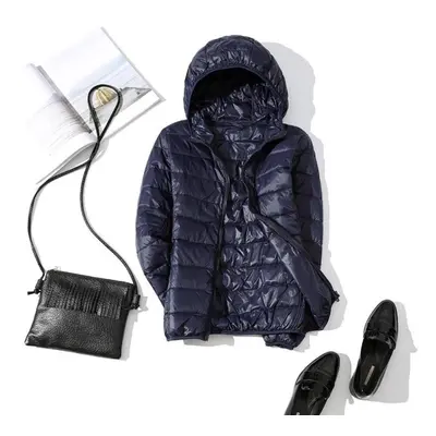 (navy blue, M) Ultra-light Plus Size Thin Down Jacket Women Autumn Winter Slim Short Hooded Warm