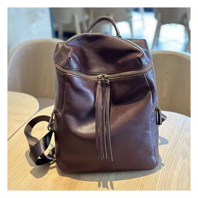 (coffee) Johnature Simple Genuine Leather Large Capacity Backpack Women Bag Leisure Natural Soft