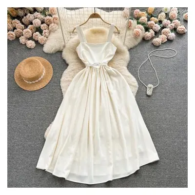 (apricot, S) Chic Sexy Square Neck High Waist Slip Dress Fairy Casual A-line Dress Summer Beach 