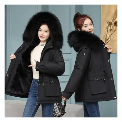 (black, XL) Women Autumn Winter Solid Color Long Sleeve Drawstring Fur Collar Pockect Warm Coat 