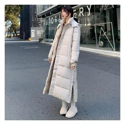 (beige, M) Women&apos;s Down Jacket Winter New Long Fashion Hooded Thick Loose Warm Padded Coat