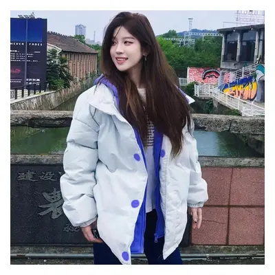 (white, L) Fashionable Loose Winter Hooded Cotton Parka With Patchwork For Women