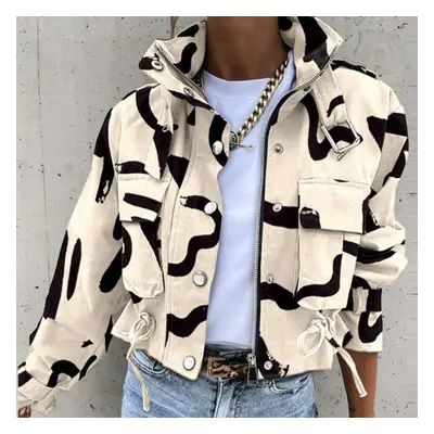 (beige, L) Autumn Winter Women Geometric Jackets Tops Vintage Print Long Sleeve Button Jacket Co