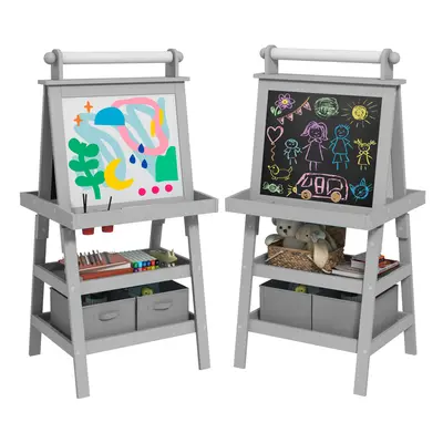 AIYAPLAY Double-Sided Art Easel for Kids w/ Paper Roll, Storage Baskets Grey