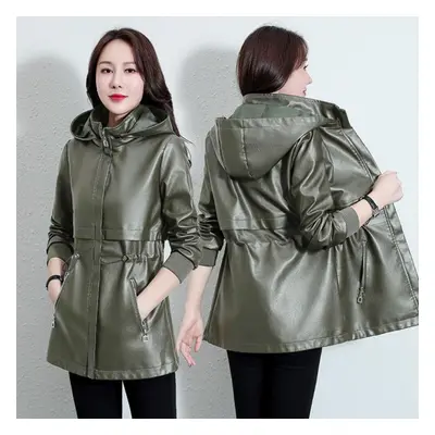 (army green, XXL) Women &apos;s Leather Jacket Mid -length Coat Casual Leather Jacket