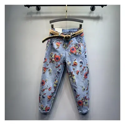 (blue, 34) Flower Jeans Woman High-waist Loose-fit Pants Personality Printed Denim Harem Pants W