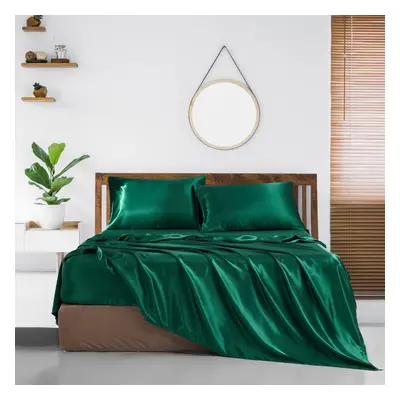 (dark green, Queen) Colors Four-piece Set Of Solid Color Luxury Sheets Bed Hat Pillowcase Home B