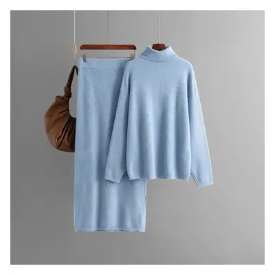 (sky blue, One Size) Fall Winter Lazy Wind Loose High Collar Pulllover Sweater Suit Women&apos;s