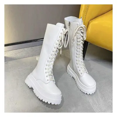 (white, 40) Women Punk Increasing Long Woman Lace Up Booties Zip Chelsea Women Shoes Chunky Plat