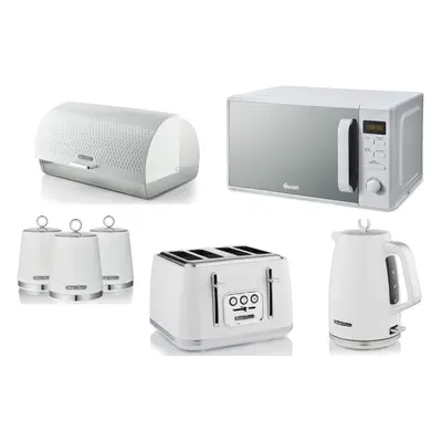 Swan Elegance White Kettle Toaster Microwave Breadbin & Canisters Set