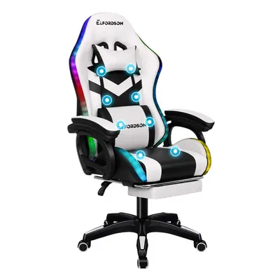 (White) ELFORDSON Gaming Office Chair RGB LED Massage Footrest