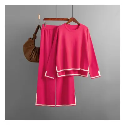 (watermelon red, OneSize) Autumn Winter Contrast Color Open Fork Full Sleeve Knit Suit High Wais