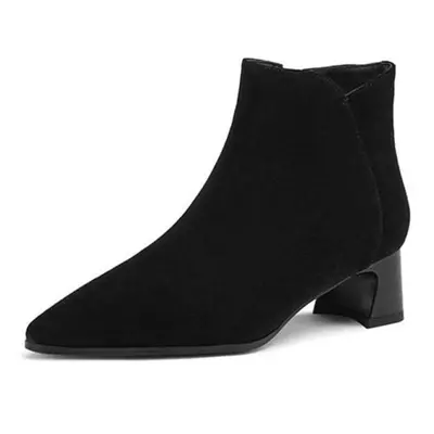 (black, 36) Krazing Pot Cow Suede Winter Round Toe Med Heels Chelsea Boots Women Zipper Big Size