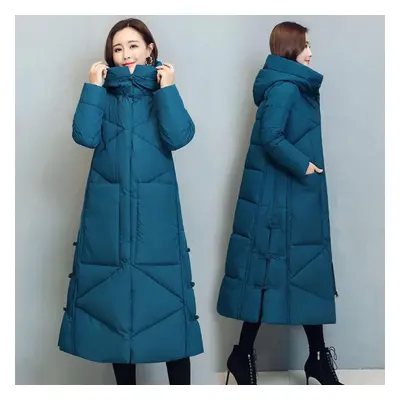 (blue, L) Women Hooded Jackets Long Outerwear Female Parkas Base Coats Women Cotton Thick Casual