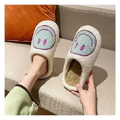 (white,purple, 44-45) Cute Smile Face Slippers, Retro Soft Plush Furry Fluffy Indoor Outdoor Sho