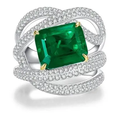 (as the picture, 7) Sterling Silver Emerald Cut Carat Emerald Simulated Moissanite Gemstone Ring