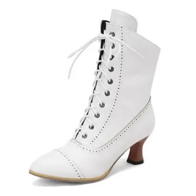 (white, 43) Annymoli Women Ankle Short Boots Pointed Toe Block High Heels Lace-up Zipper Combat 