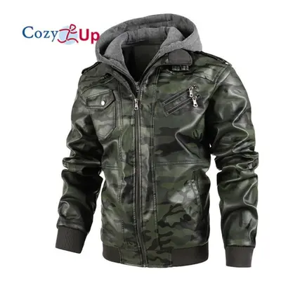 (green, M) Cozy Up Men's Casual Stand Collar Pu Faux Leather Zip-up Motorcycle Bomber Jacket Wit