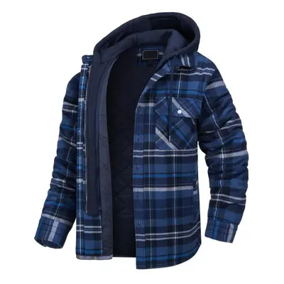 (dark blue, XXL) Men&apos;s Autumn/winter Long Sleeve Lapel Plaid Hooded Thickened Shirt Jacket