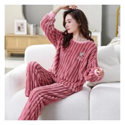 (pink, L) Autumn And Winter Flannel Flannel Warm Pajamas Women&apos;s Home Wear Loose And Comfor