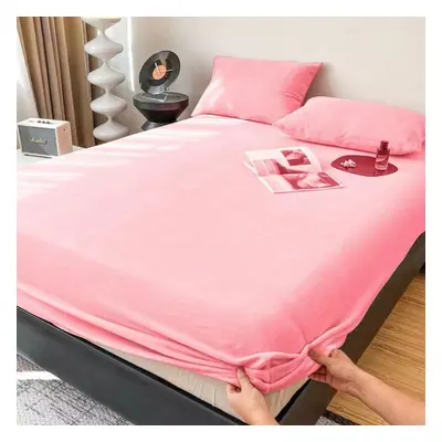 (pink, Bed sheet (150x200x25cm)) High-quality Soft Velvet Fitted Sheet With Elastic Bands Non Sl