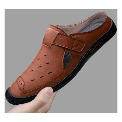 (brown, 44) Summer Genuine Leather Shoes Men Half Slippers Business Dress Men Sandals