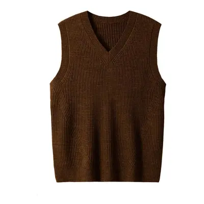 (chocolate, 4XL) Men&apos;s V-neck Knitted Sweater Vest Plain Sleeveless Pullover Knitwear Loose