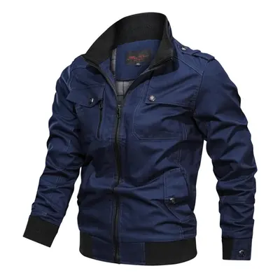 (blue, XL) Fashion Casual Solid Color Jacket Zipper Pocket Vertical Collar Large Size Jacket Men