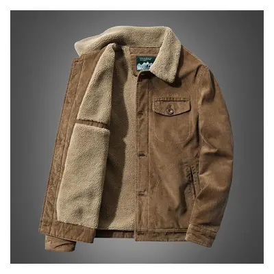 (khaki, XL) Men Loosejacket Fleece Thick Jackets Male Casual Overcoat Multi-pocket Solid Color W