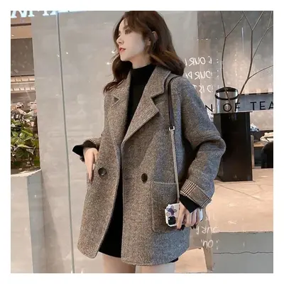 (coffee, S) Coat Women&apos;s Spring And Autumn British Style Woolen Plus Cotton Thickened Loose