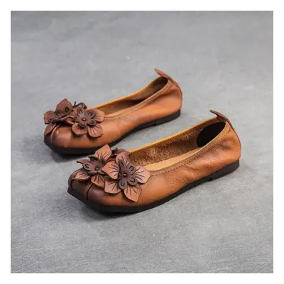 (brown, 37) Johnature Retro Flower Flat Shoes Genuine Leather Soft Soled Comfortable Square Toe 