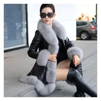 (black, XXL) Ladies Winter Faux Fox Fur Leather Coat Warm Fluffy Hoodie Thick Overcoat Plus Size