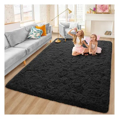 (160cm x 230cm OR 5ft 3" x 7ft 6"- Large Area Rug, Black- Shaggy Rugs) Non-Slip Rugs Shaggy Rug 