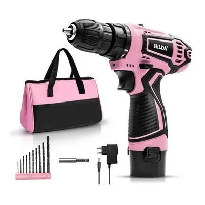 Drill-Screwdriver - Brand - 12V - Adjustable Speed - Bits - Pink