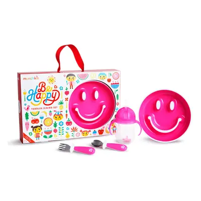 Be Happy Toddler Dining Set Includes Suction Plate Straw Cup and Utensil Set, Pink