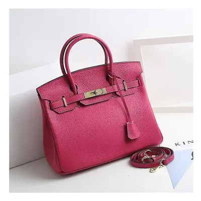 (Rose red, 25*19*13cm) Ladies Women Leather Handbag Birkin First Layer Cowhide Leather Tote Bag 