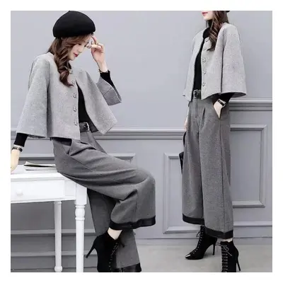 (grey, L) Autumn Winter Woolen Two Piece Sets Outfits Women Plus Size Short Coat And Wide Leg Pa