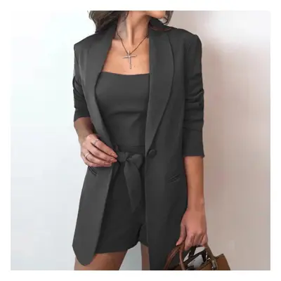 (black, 2XL) Tbeeeestt Women Pieces Set Tracksuit Loose Blazer & Bow Elastic Waist Short Pant Ve