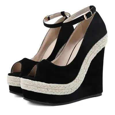 (black, 39) Eilyken High Quality Straw Weave Wedges Platform Sandals New High Heels Women Buckle