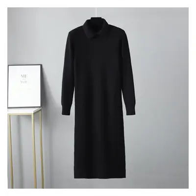 (black, OneSize) Autumn Winter New Polo Collar Knitted Long Sleeve Solid Color Sweater Loose Dre