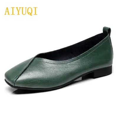 (green, 43) Women&apos;s Casual Shoes Autumn Genuine Leather Women Flat Shoes Onon-slip Mother F