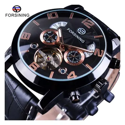 (rose gold) Forsining Men&apos;s Luxury Tourbillon Automatic Mechanical Watch Wave Designdate Di