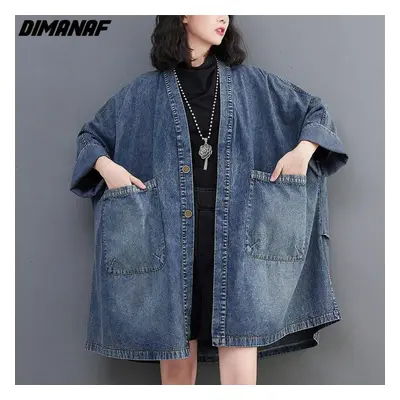 (blue, 2XL) Dimanaf New Women Jacket Long Denim Coat Cotton Solid Loose Casual Outwear Autumn Wi